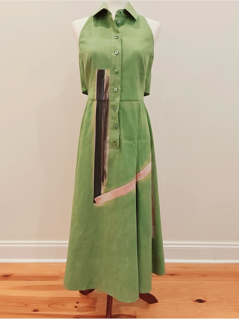 Akris Dress Women 6 Green Cotton Jacquard Maxi Fit Flare Slit Button Up Artsy